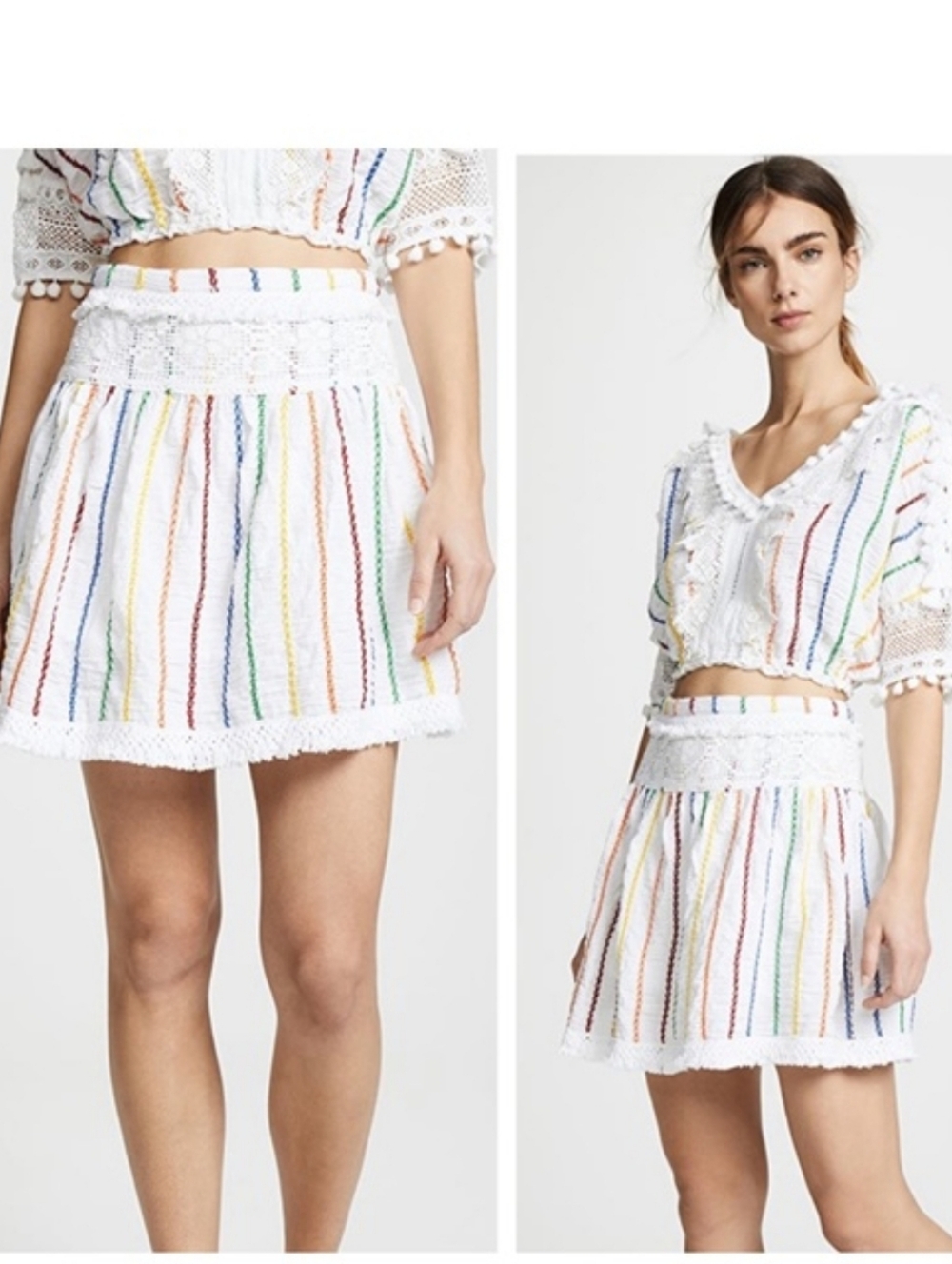 Place Nationale Rainbow White Candy Stripe Mini Skirt Lace Fringe Boho 2 S/M 4-6